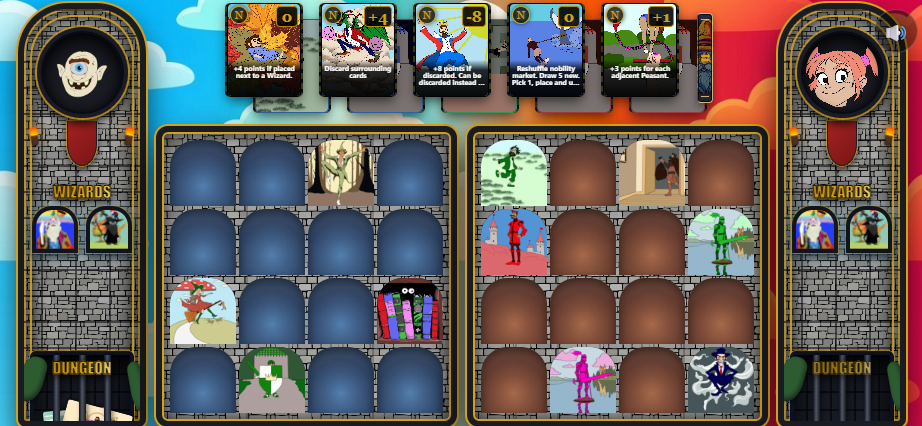 Wizard Whooshes gameplay with cards arranged around a castle board